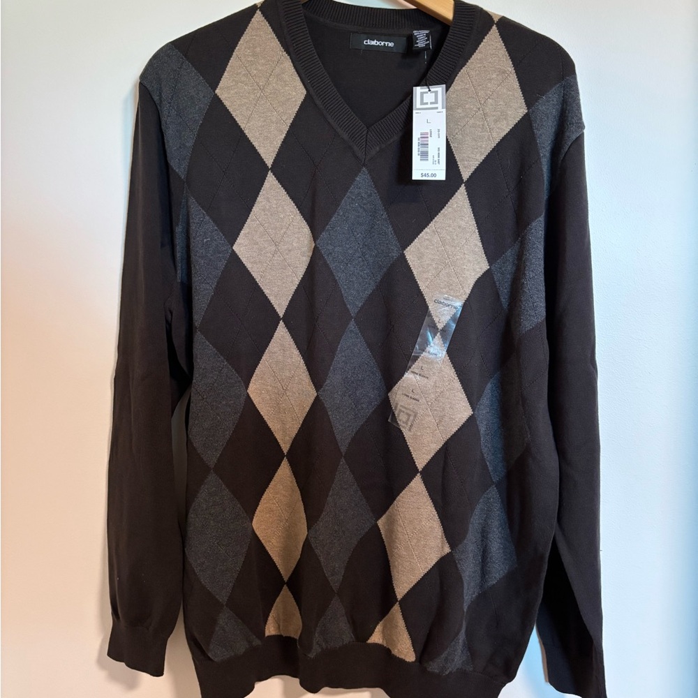NEW Claiborne Men's V-Neck Argyle Sweater - Brown, Gray, and Tan
